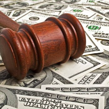 Photo of gavel laying on money