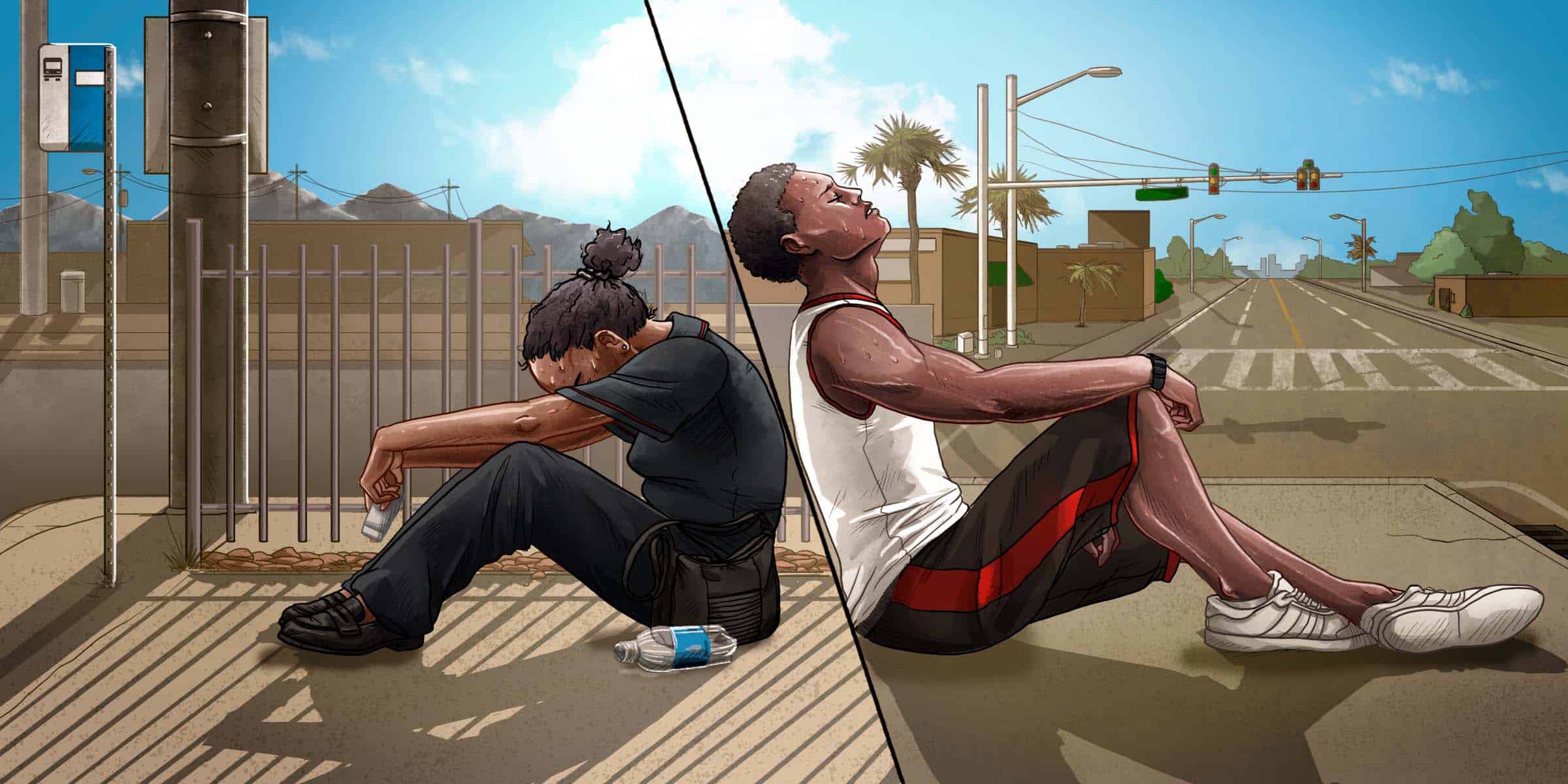 Illustration of two scenes: woman of color in Arizona on a hot day and man of color in Florida on a hot day.
