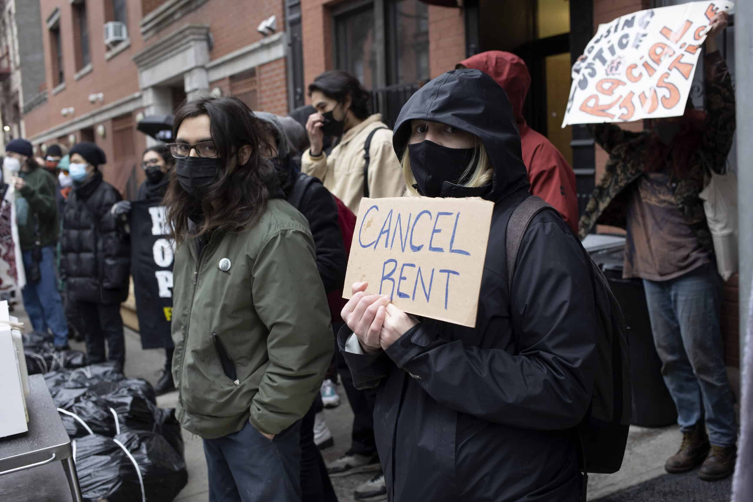 Tenant rights activists hold a demonstration about renters who are behind on rent not getting the rental assistance they need.