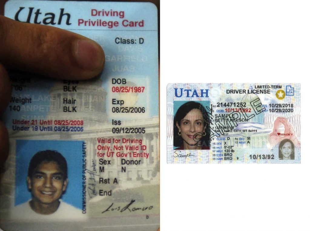 A Utah driving privilege card, shown on the left, displays the holders information differently and is taller than a Utah driver's license, shown on the right.