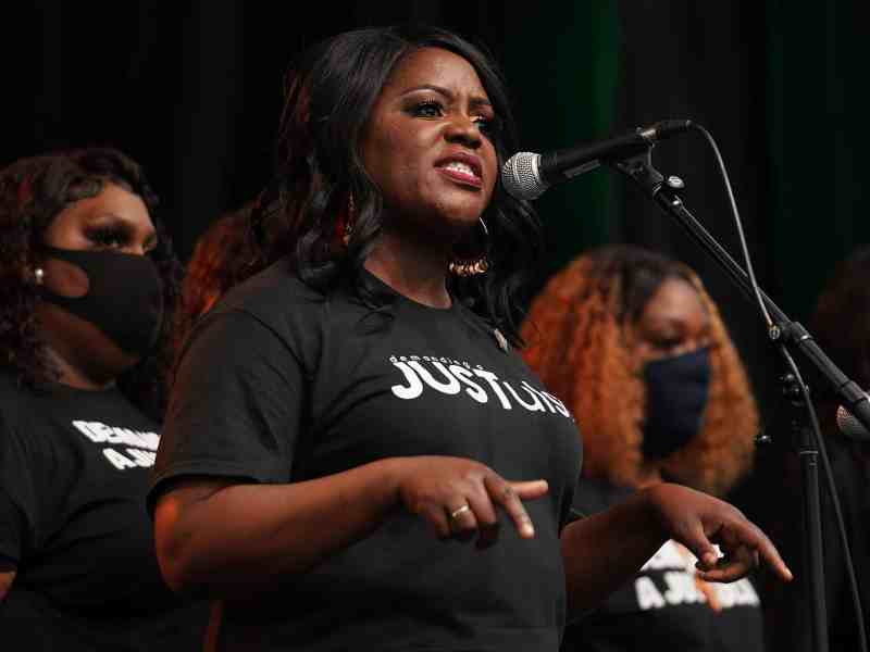 TULSA, OK - Dr. Tiffany Crutcher speaks during the Juneteenth celebration in the Greenwood District on June 19, 2020 in Tulsa, Oklahoma. Dr. Crutcher is the twin sister of Terence Crutcher who was killed by a Tulsa police officer in 2016. She is an advocate for police reform and racial justice. (Photo by Michael B. Thomas/Getty Images)