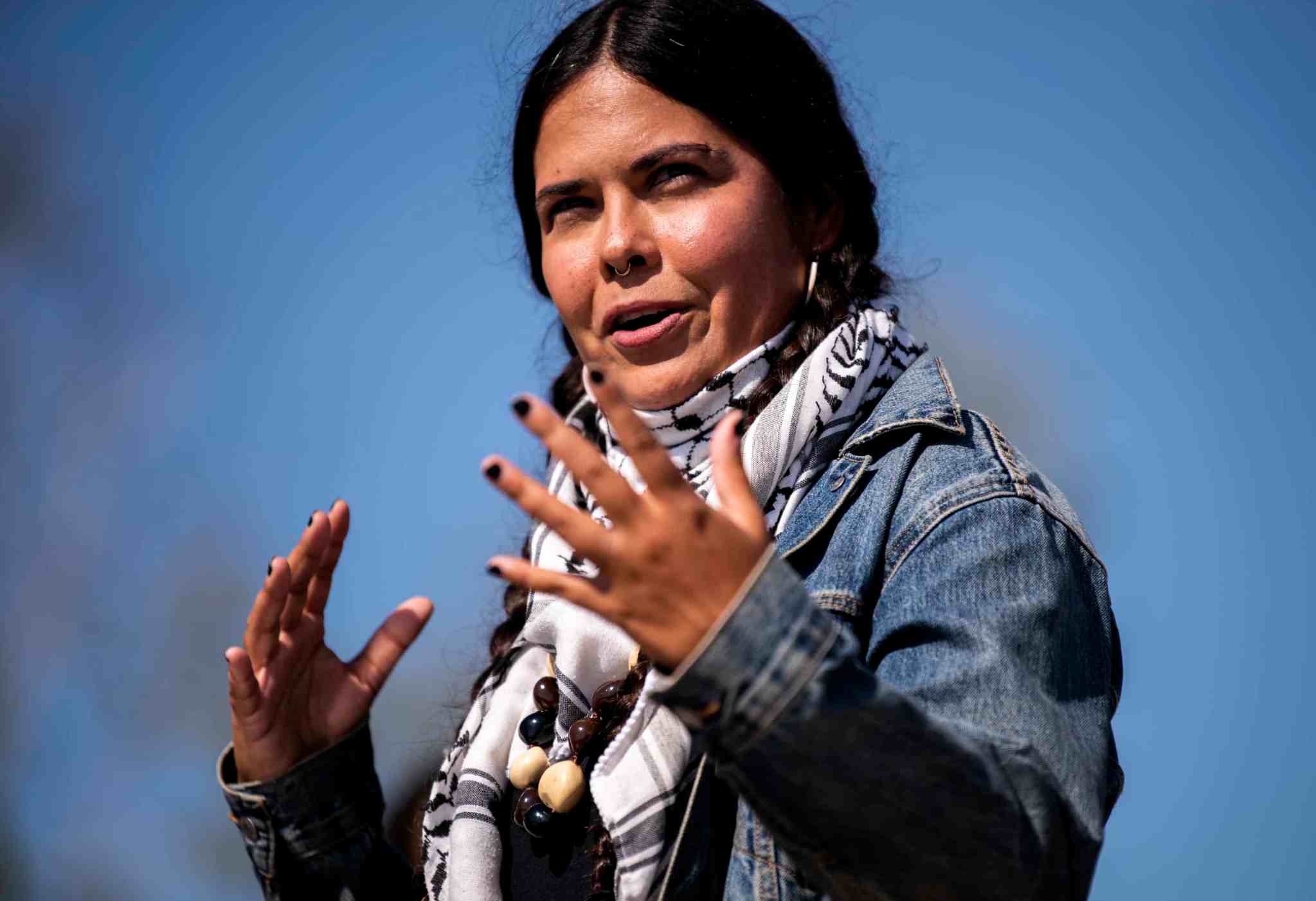 BEMIDJI, MN - SEPTEMBER 04: Tara Houska of the Couchiching First Nation speaks at a press conference to address the Line 3 Pipeline project at Nymore Beach on September 4, 2021 in Bemidji, Minnesota. (Photo by Stephen Maturen/Getty Images)
