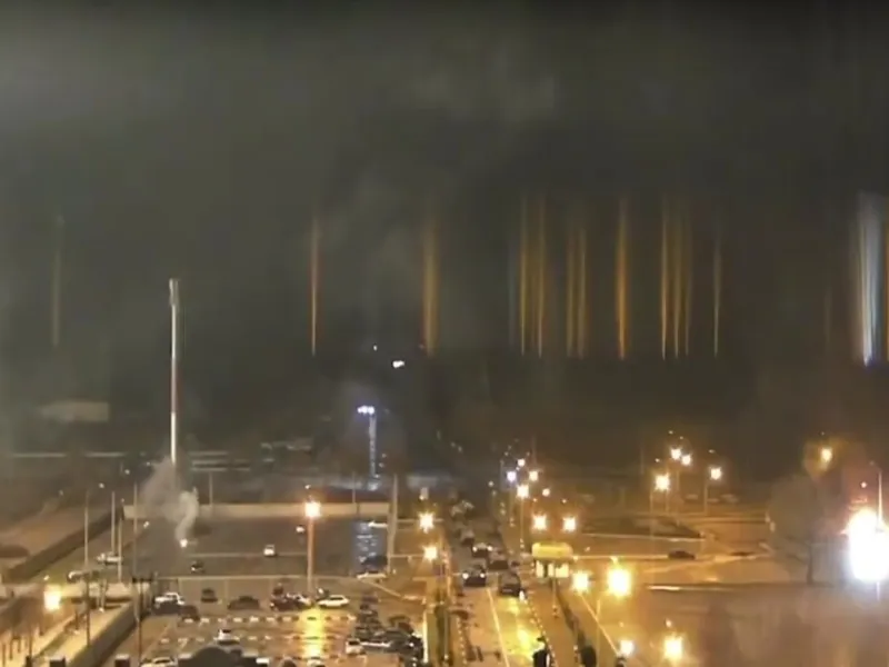 A screen grab captured from a video shows a view of Zaporizhzhia nuclear power plant during a fire following clashes around the site in Zaporizhzhia, Ukraine
