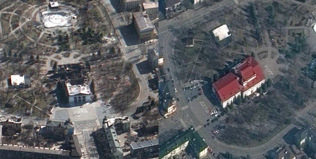 A satellite image shows the Mariupol Drama Theater before and after it was attacked. The before images shows the red roof of the white building. The white building has a red roof. The word children in Russian is written on the ground on both ends of the building.
