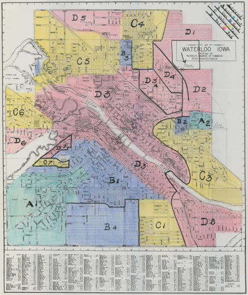This map shows Waterloo, Iowa, divided up by colored blocks. It's an example of The federal Home Owners’ Loan Corp. discriminatory redlining maps.