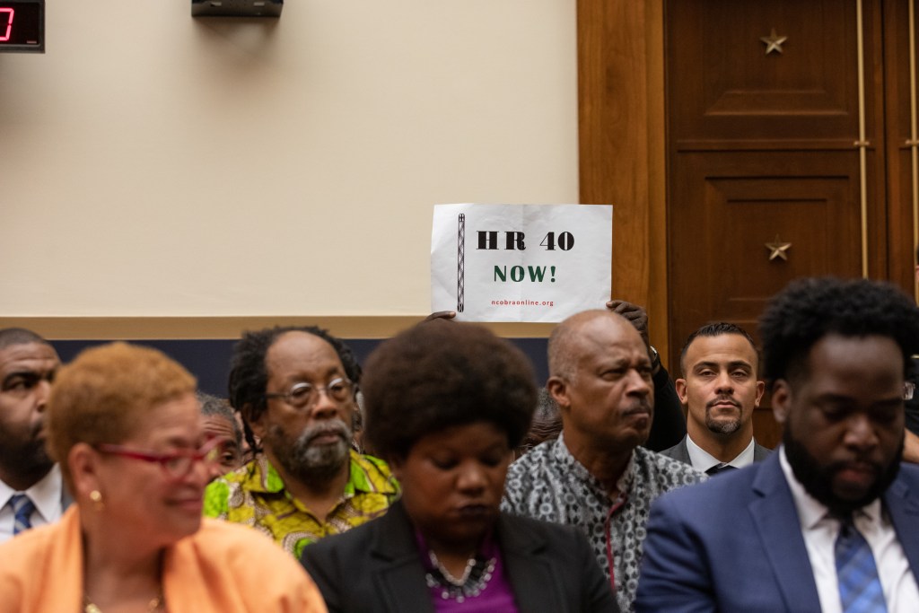 Attendees sit and listen to testimony during a House subcommittee meeting while someone holds a sign that says "HR 40 Now" in the background.