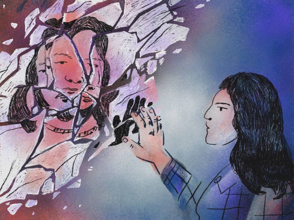 Drawing of a woman with long dark hair reaching to a shattered reflection.