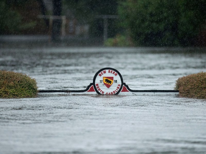 A New Bern sign is almost entirely submerged under water after he storm surge from Hurricane Florence.