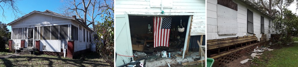 Three photos. On the left, a photo from the front of the white house owned by Annette Canady. She was given money for the home through a FEMA buyout program. In the middle, there is a flooded room wih damaged furniture thrown about, while an American flag hangs above. On the right, the outside of the house on the side is damaged with a window boarded up. 