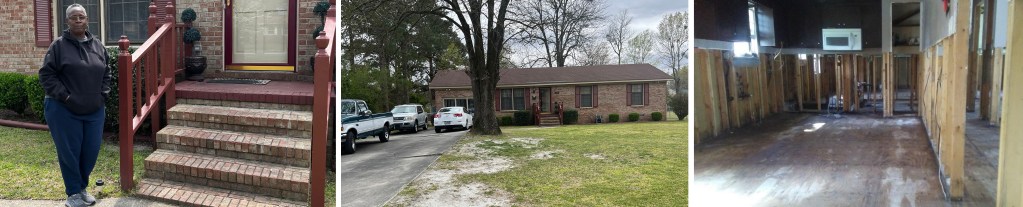 Three photos side by side. On the right, a woman in a sweats stands beside the front stairs to a house. In the middle, a one-story home with three cars in the drive way. On the right, the inside of the house is damaged. Instead of walls between the rooms, there are wood planks. There are also unfinished floors.  