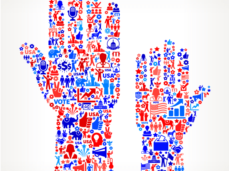 An illustration of two hands raised. The hands are constructed of voting symbols, like a ballot box, an elephant, a donkey and the US capitol.