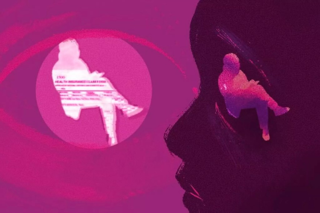 Drawing with pink background with drawing of head with mental health provider profile.