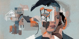 An illustration that has several faces looking sad and contemplative. There are also desks and houses representing homeless students on the illustration, too.