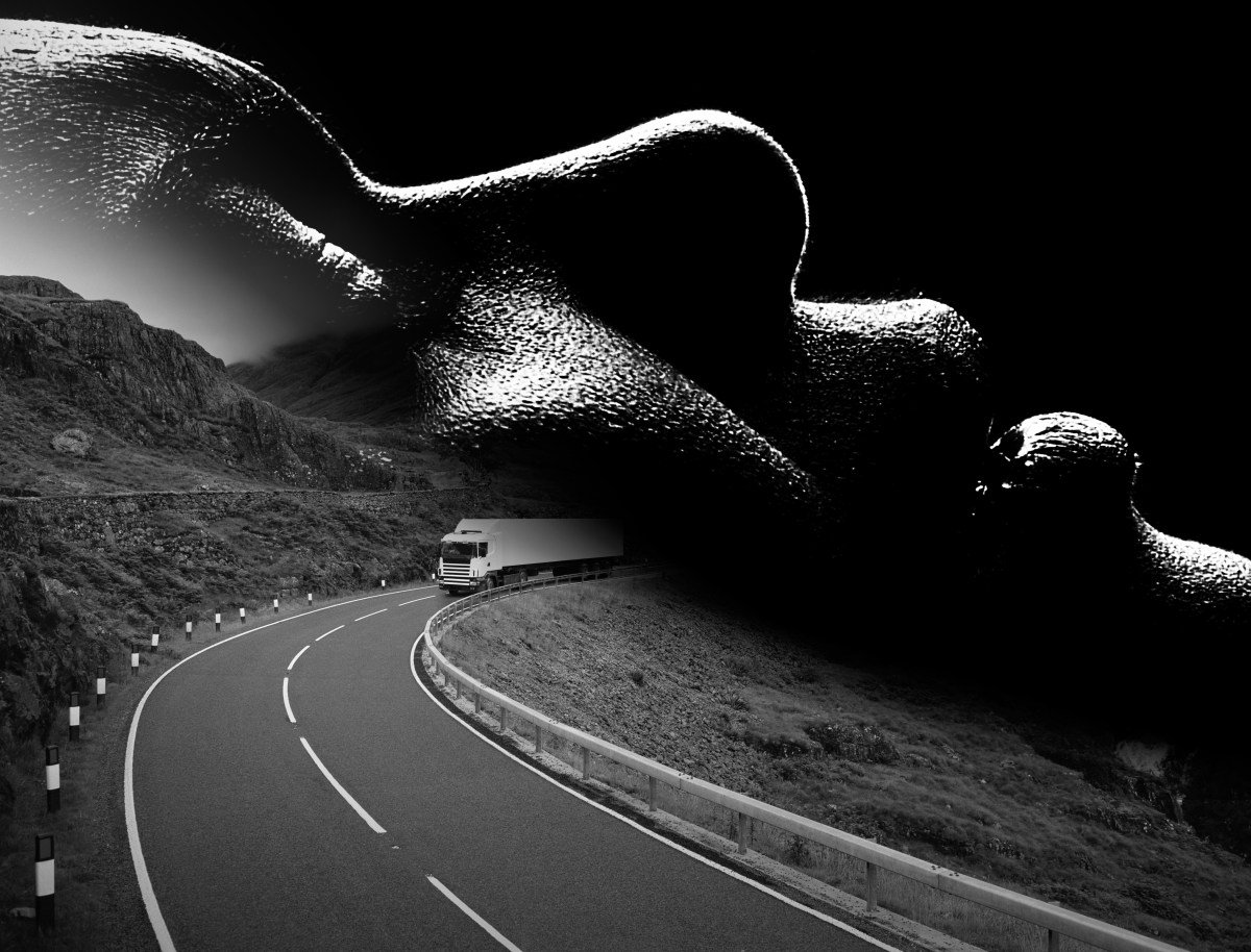 A photo illustration combining two photos in black and white. One photo is of a tractor trailer riding on the highway. The other photos is overlaying the first. It is a photo of a woman's face close up in profile.