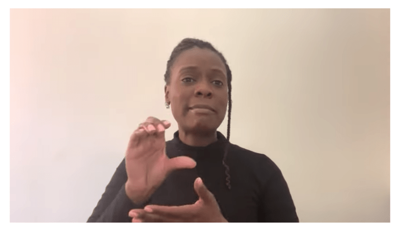 An interpreter signs.