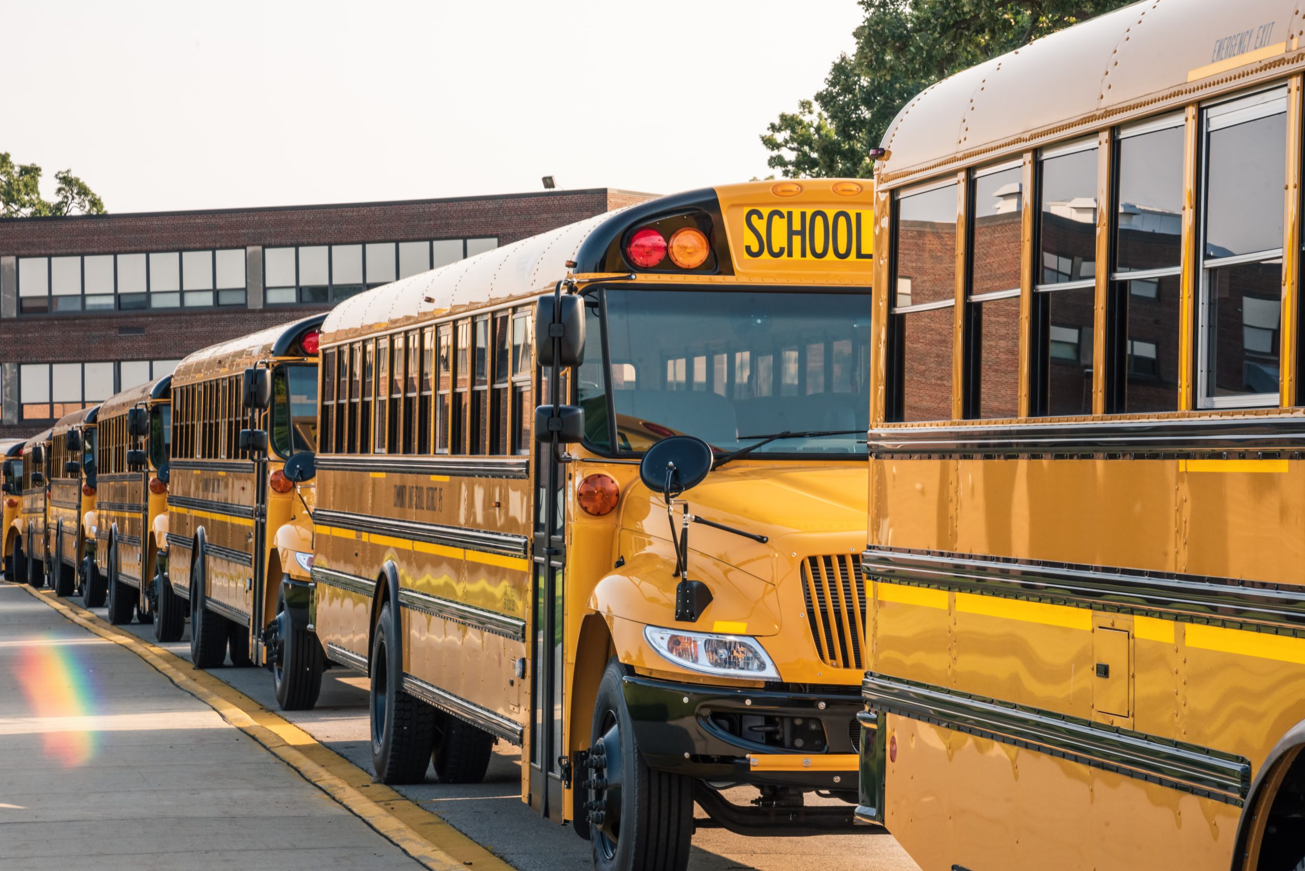 A line of school buses wait for students