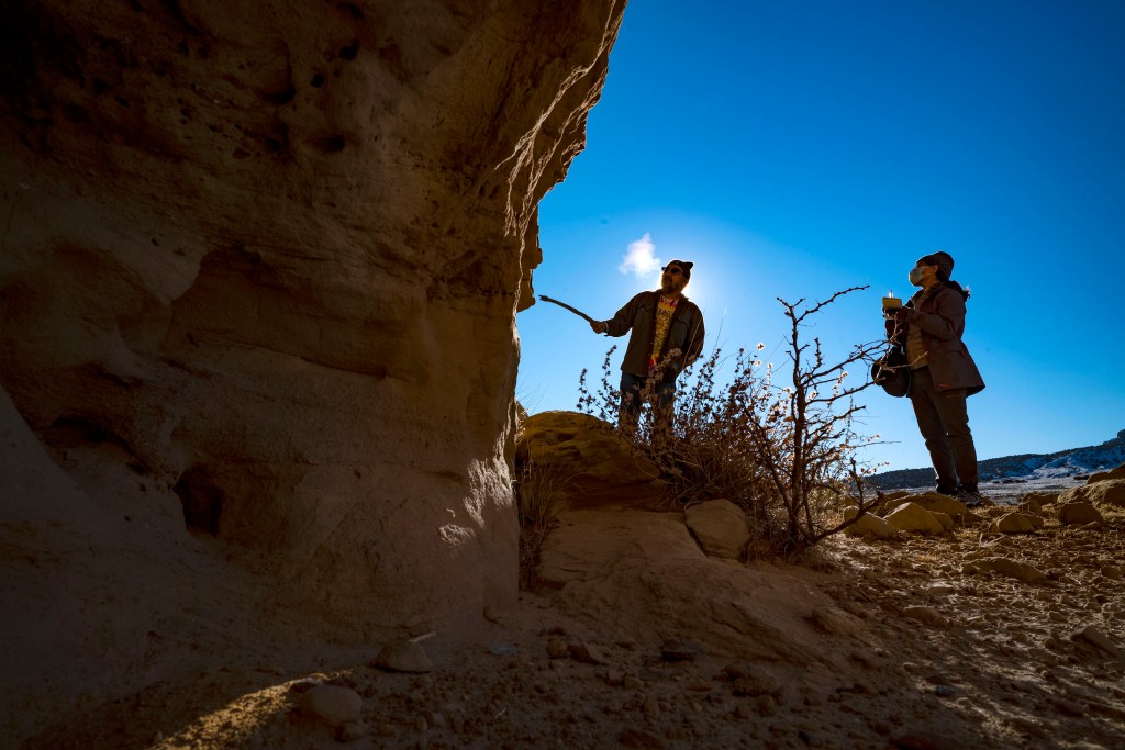Earl Tulley and Yvette Cabrera in Blue Gap as she reports on his story.
