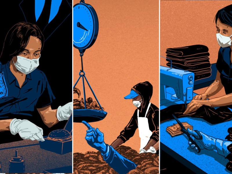 This illustration shows four things: it shows a woman prepare fast food while someone stand behind her and steals money from her pocket; one shows seafood workers prepping food while a scale with seafood on it is tipped by a hand; and one that shows a woman at a sewing machine making clothes while a hand cuts money with scissors.