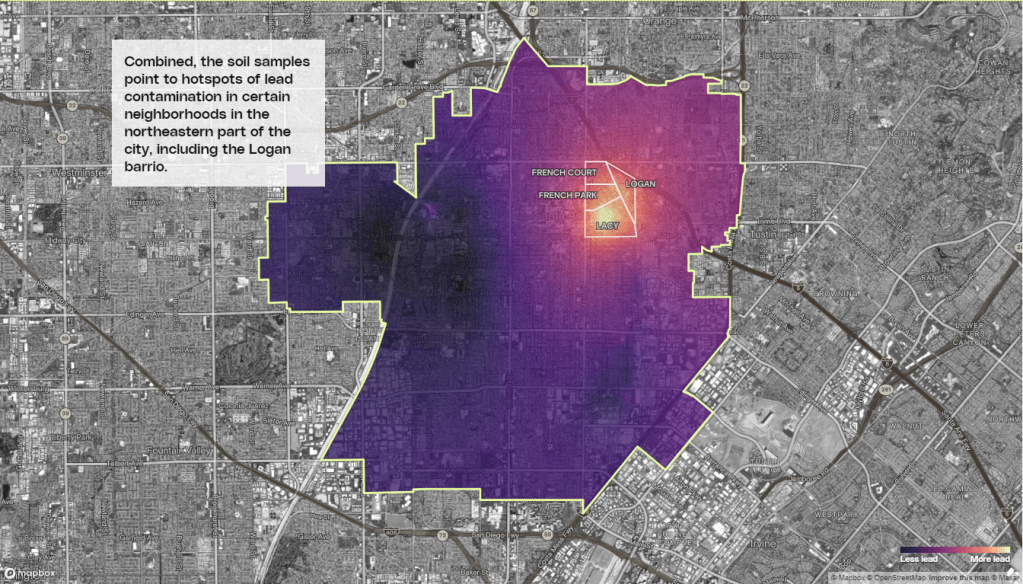 Map of Santa Ana shows color gradations across the city depending on lead levels. Much of it is purple, showing low or lower levels of lead. But several neighboring areas, including the Logan barrio, are yellow, for higher levels of lead. Text on the map says, "Combined, the soil samples point to hotspots of lead contamination in certain neighborhoods in the northeastern part of the city, including the Logan barrio."