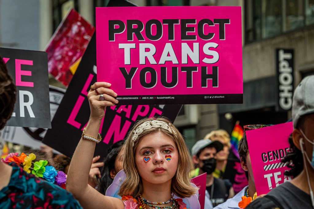 A protester holds a black and pink sign that reads "Protect trans youth." to rally against anti-trans legislation.
