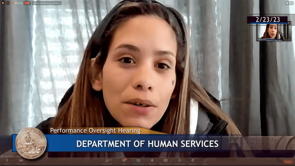 Woman speaks to District online hearing. She has long brown hair and brown eyes.