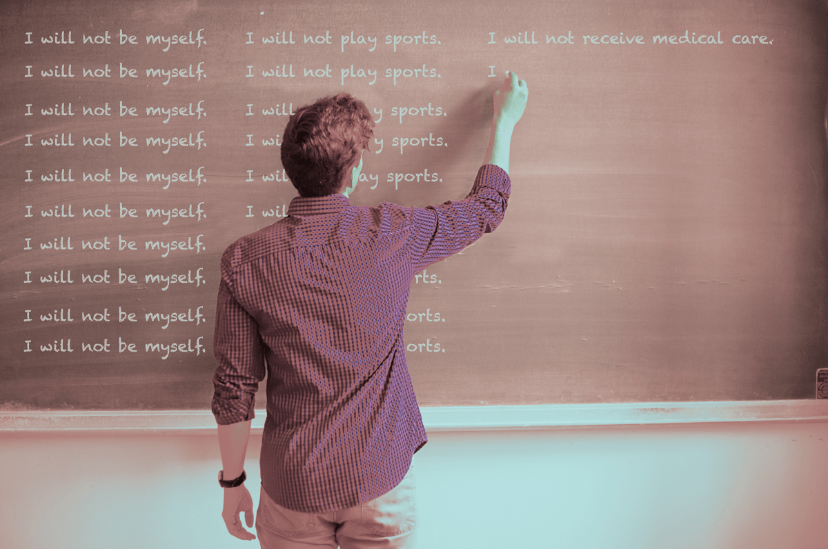 A student writes on a chalkboard "I will not be myself. I will play sports. I will not receive medical care."