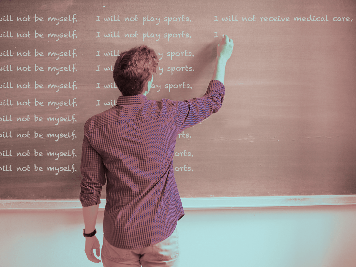 A student writes on a chalkboard "I will not be myself. I will play sports. I will not receive medical care."