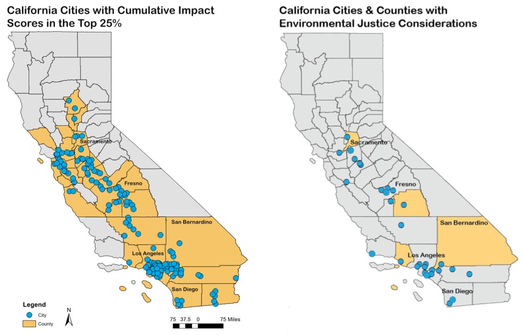 Two maps of California, side to side, show what the caption describes: Many more counties and cities have areas facing serious environmental justice problems than the number of counties and cities addressing these issues in their general plans.