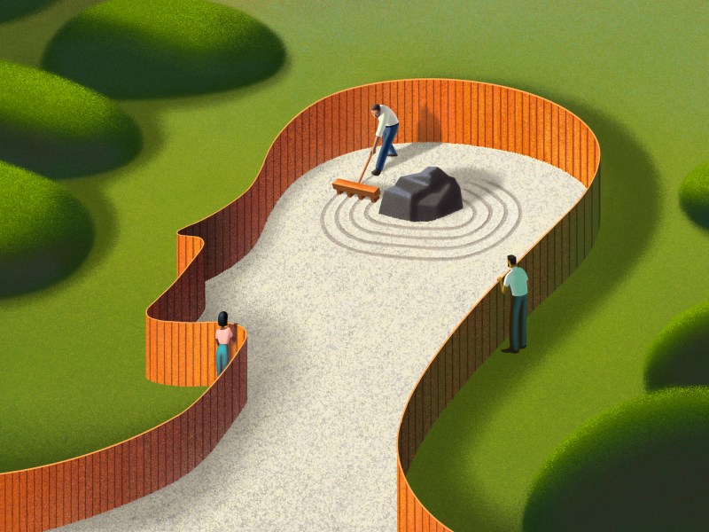 A drawing centers around a fenced area shaped like a person's head and filled with sand like a zen garden. One person, wearing a white shirt and blue pants, rakes a circular pattern around a rock. Two people look over the fence to demonstrate that they do not have access. A female figure on the left wears a pink shirt and blue pants. A male figure on the right sears a white shirt and blue pants. The area is surrounded by green grass and round green bushes.