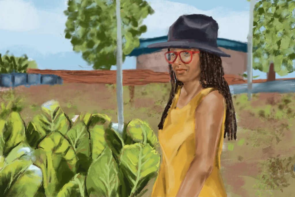 An illustration of a woman wearing a yellow sleeveless top and black wide-brimmed hat stands in a garden.