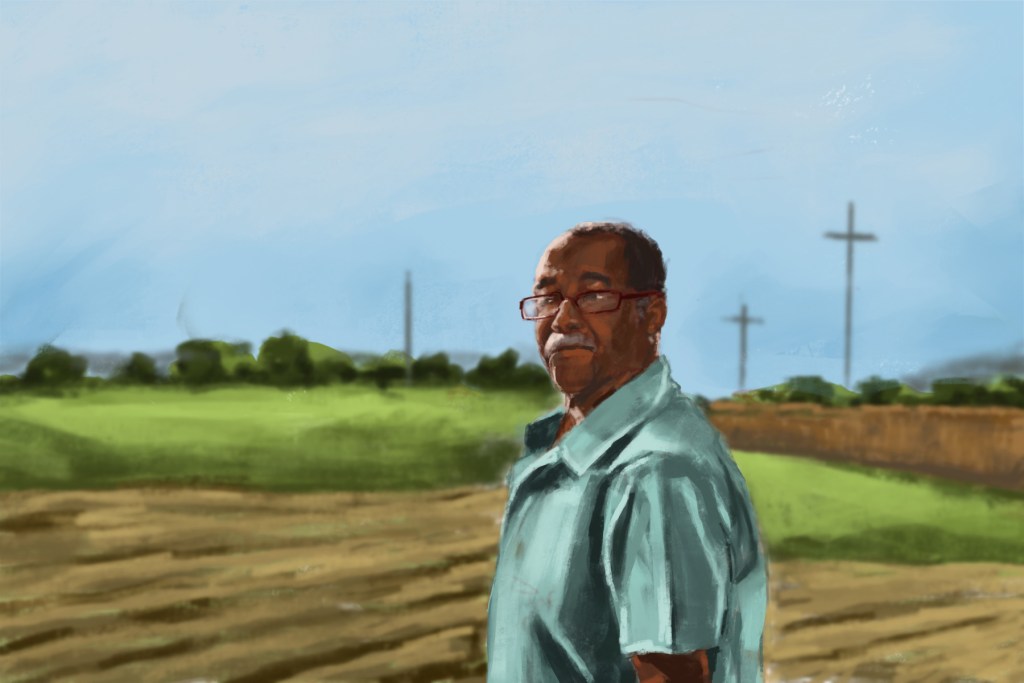 An illustration of an older man looking at you, while farmland is in the background.
