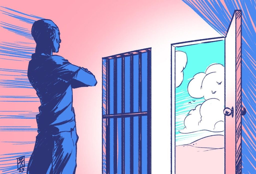 In the drawing a person, colored blue, stands with arms folded facing two options, a window with bars like a jail cell and an open door with fluffy clouds and rolling pink hills.
