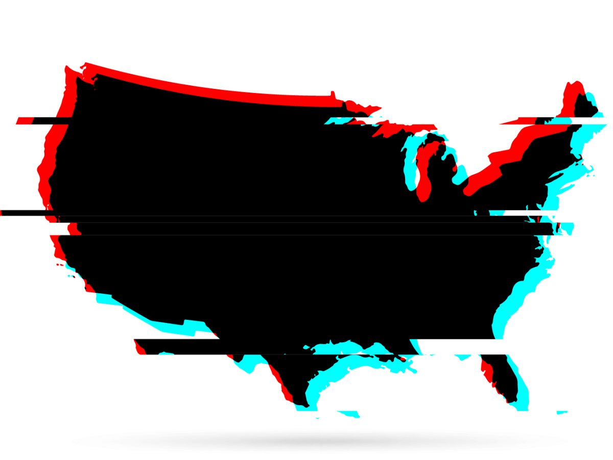 A map of the United States is in black. The map is slightly distored, highlighting some red and blue parts.