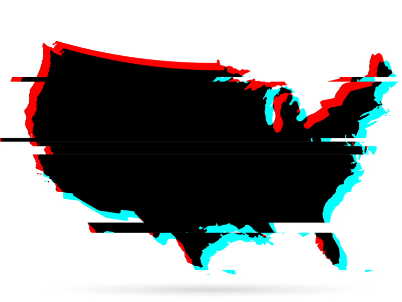 A map of the United States is in black. The map is slightly distored, highlighting some red and blue parts.