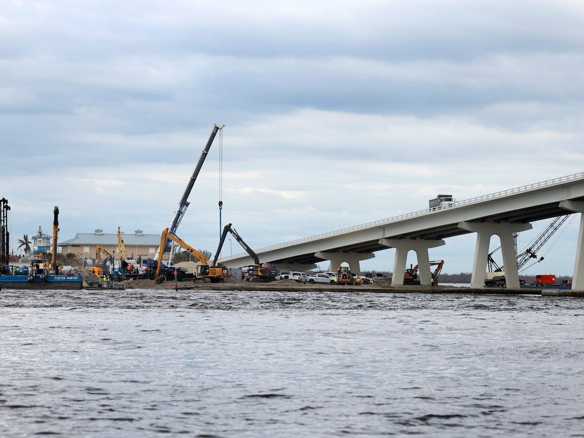 A view of cranes and construction machinery next to the Sanibel Causeway, which is being repaired.