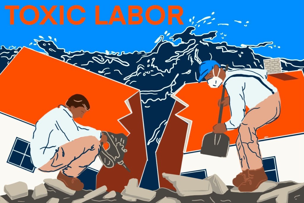Illustration shows two men doing construction and cleanup work. There is a body of water with crashing waves behind the cleanup work.