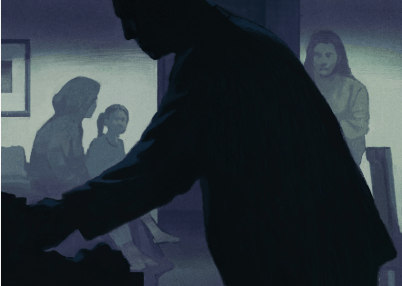 In this illustration, a family sits in their home, worried, as a person cast in shadow looks through their things.