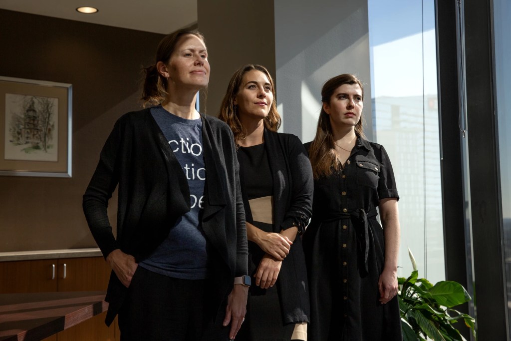 The colleagues are standing next to each other by a window. They each have long brown hair and look determined.
