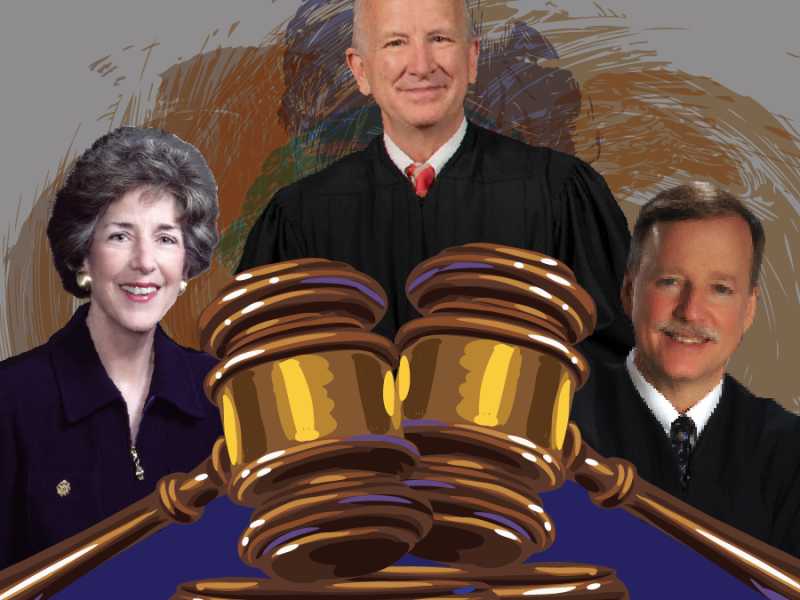 An illustration shows images of justices Paul Newby, Carol Corrigan and Scott Crichton displayed behind two gavels.