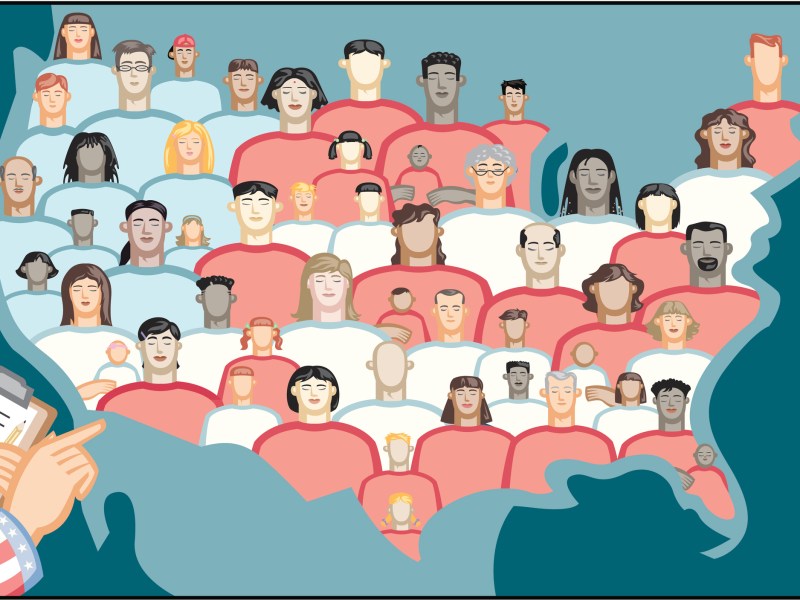 "Vector illustration of the U.S. Census. A hand, as Uncle Sam, has a clipboard and is counting the man unique cultural faces of America."