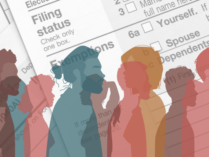 Overlapping silhouettes of people in reds, blues, browns and yellow appear over a backdrop of tax forms