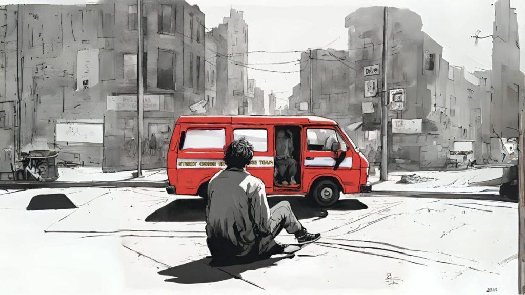 Illustration of what seems to be a homeless person sitting on the sidewalk. A red van is pulled up with a sliding door open and someone inside. Gray city buildings are in the background