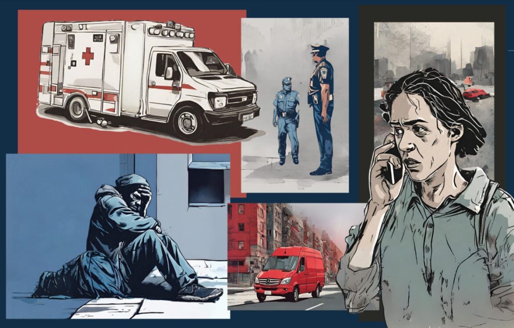 This illustration is a series of boxes with a person who looks distressed on the phone. In the boxes are an ambulance, two police officers, a city skyline, a person sitting on a sidewalk and a red van driving by a block or row houses.
